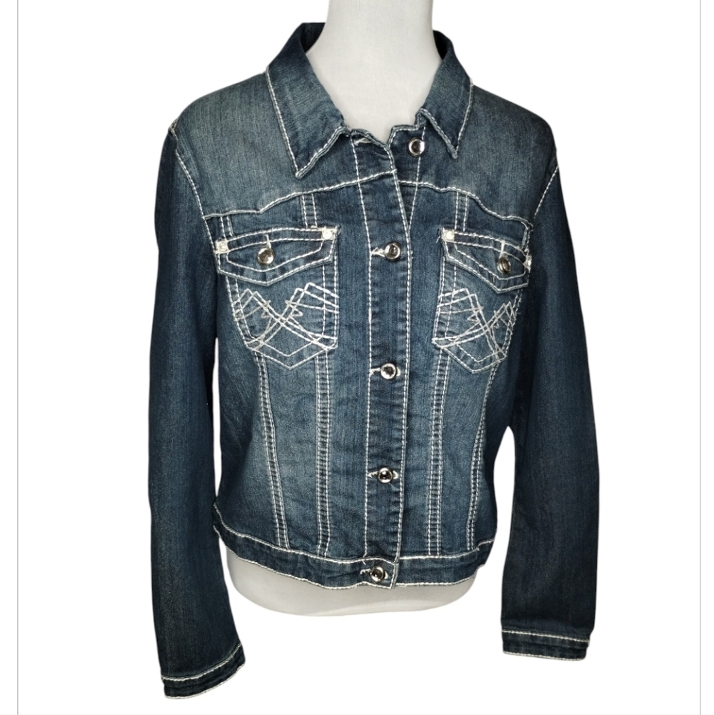 Earl Jeans Indigo Denim Jacket with Contrast Stitching & Rhinestone Buttons Sz L